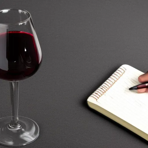 

A close-up of a glass of red wine with a wine bottle in the background, accompanied by a notebook and pen, suggesting the process of tasting and reviewing a wine.