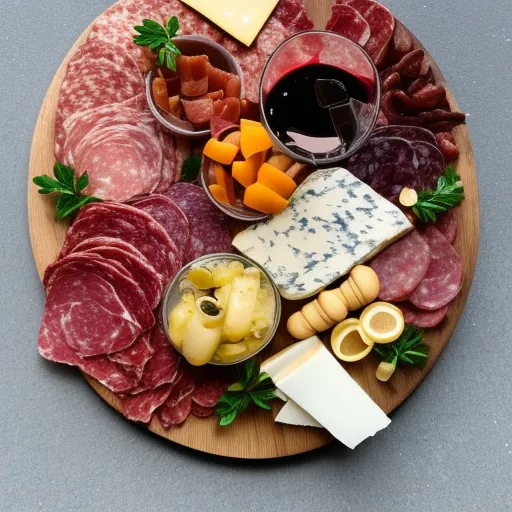 

A photo of a charcuterie board with an array of cured meats, cheeses, and accompaniments, paired with a glass of red wine.